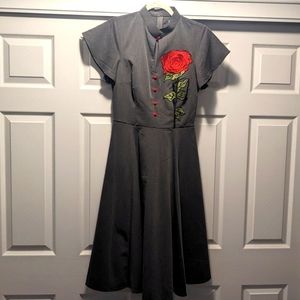 Unique Vintage Gray & Embroidered Red Rose Baltimore Swing Dress